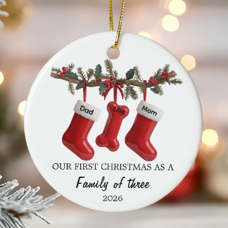 Our First Christmas as a Family of Three with Dog Ceramic Ornament