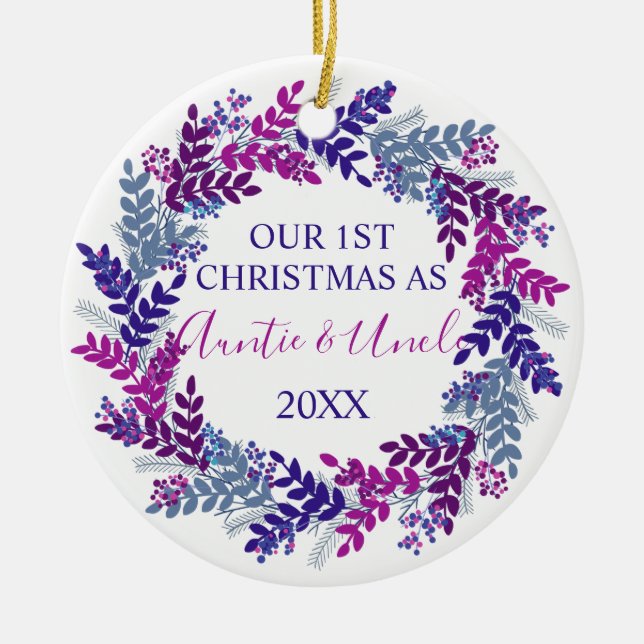 Our First Christmas as Auntie and Uncle Purple Ceramic Ornament (Front)