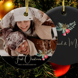 Our First Christmas As Couple Black Watercolor Ceramic Ornament