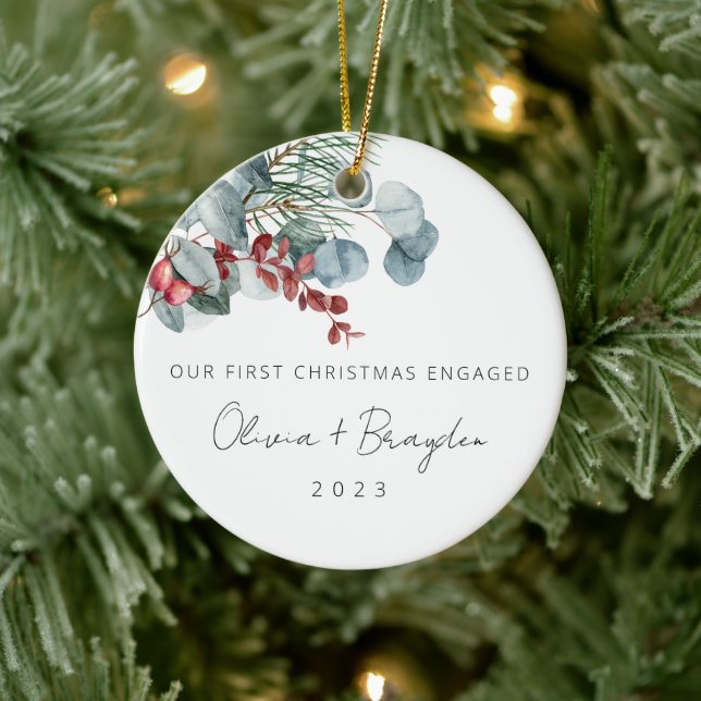 Our First Christmas As Engaged Eucalyptus Ceramic Ornament (Tree)