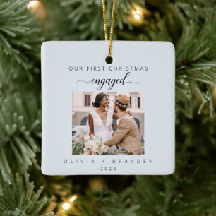 Our First Christmas As Engaged Winter Photo Ceramic Ornament