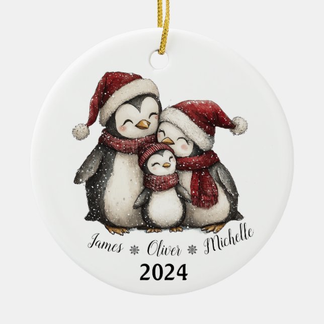 Our First Christmas as Family of Three Penguins Ceramic Ornament (Front)