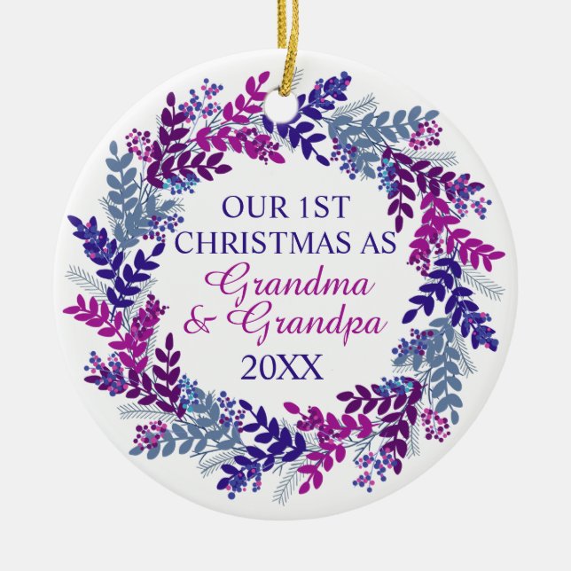 Our First Christmas as Grandma and Grandpa Purple Ceramic Ornament (Front)