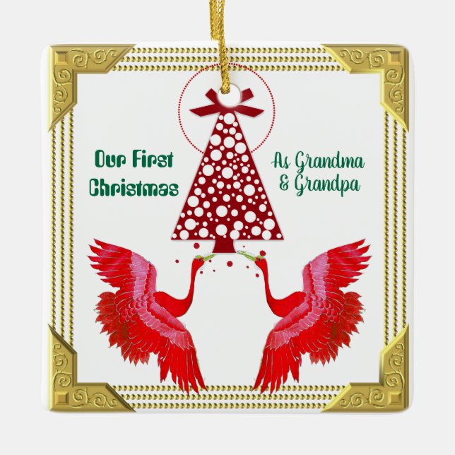 Our First Christmas As Grandma Grandpa 2 Swans Fun Ceramic Ornament (Front)