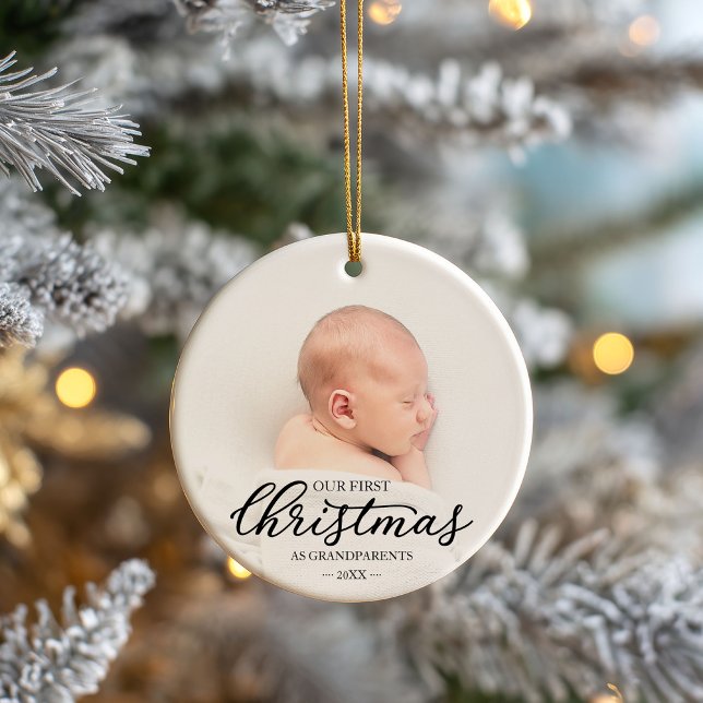 Our First Christmas As Grandparents Black Script Ceramic Ornament (Creator Uploaded)