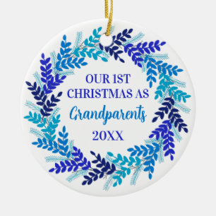 Our First Christmas as Grandparents Blue Wreath Ceramic Ornament