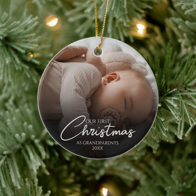 Our First Christmas As Grandparents Elegant Photo Ceramic Ornament (Tree)