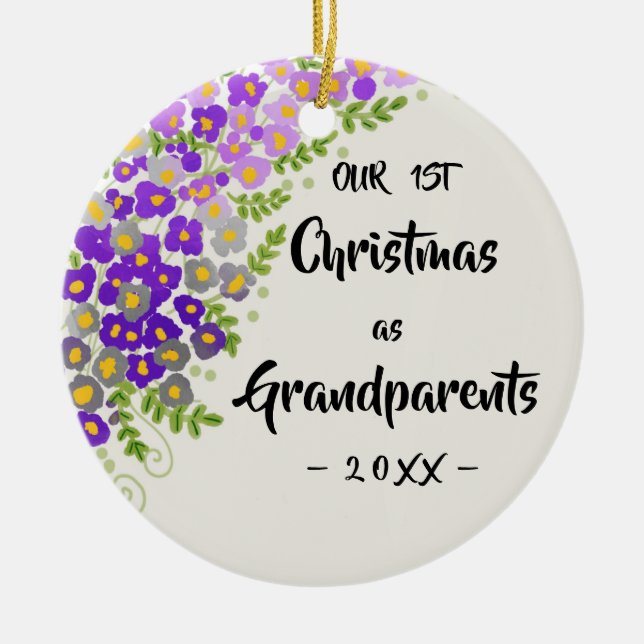 Our First Christmas as Grandparents Floral Photo Ceramic Ornament (Front)