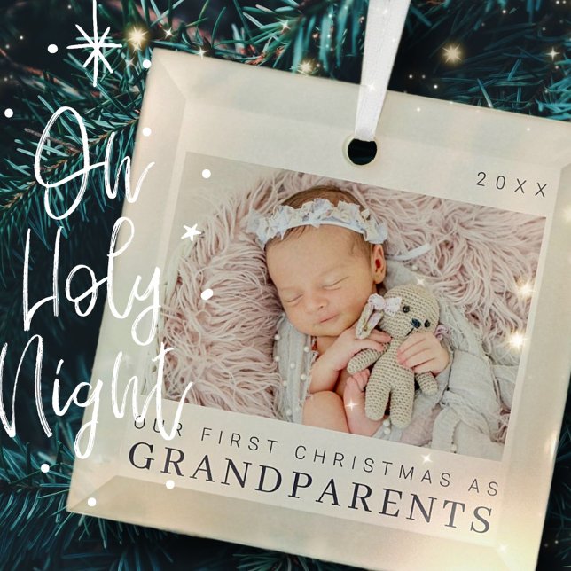Our First Christmas as Grandparents Modern Chic Glass Ornament (Creator Uploaded)