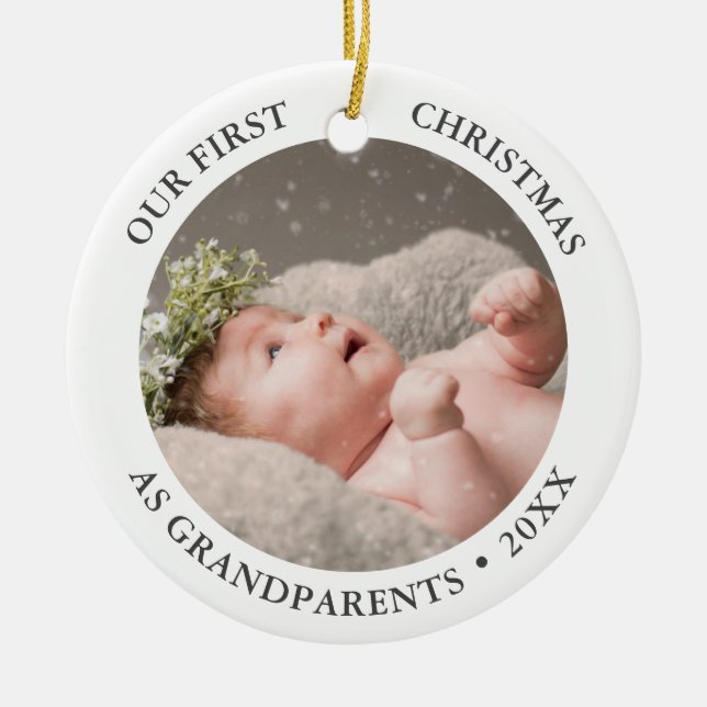 Our First Christmas as Grandparents Modern Photo Ceramic Ornament (Front)