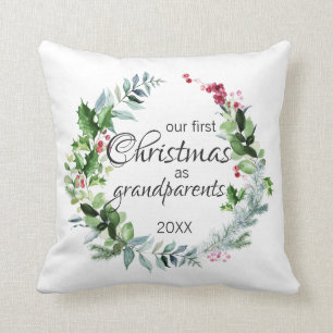 Our First Christmas as Grandparents Modern Wreath Throw Pillow