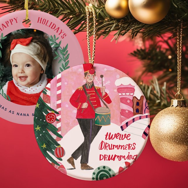 Our First Christmas as Grandparents Photo Ceramic Ornament (Grandparents first Christmas Ornament, with photo baby and 12 days of Christmas holiday illustration)