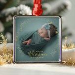 Our First Christmas As Grandparents Photo Ornament<br><div class="desc">Customizable Christmas photo ornament for newborns features a favourite baby photo on each side,  with "Our First Christmas" elegantly overlaid in gilded calligraphy. Personalize it with your baby's name and date.</div>