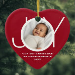 Our First Christmas As Grandparents Photo Red Ceramic Ornament<br><div class="desc">This stylish heart-shaped Our First Christmas as Grandparents Photo Ornament features the word "JOY" on a red background.
Easily customizable with your photo,  name,  and year.</div>