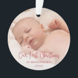 Our First Christmas as Grandparents Photo Red Ornament<br><div class="desc">Add a memory to your tree with this modern ornament featuring a simple design with with the message "Our First Christmas as Grandparents" in an elegant thin red script along with the year over a photo of the new baby. Add the same photo to both sides or a different one...</div>