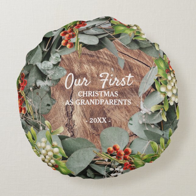 Our First Christmas as Grandparents Photo Round Pillow (Back)