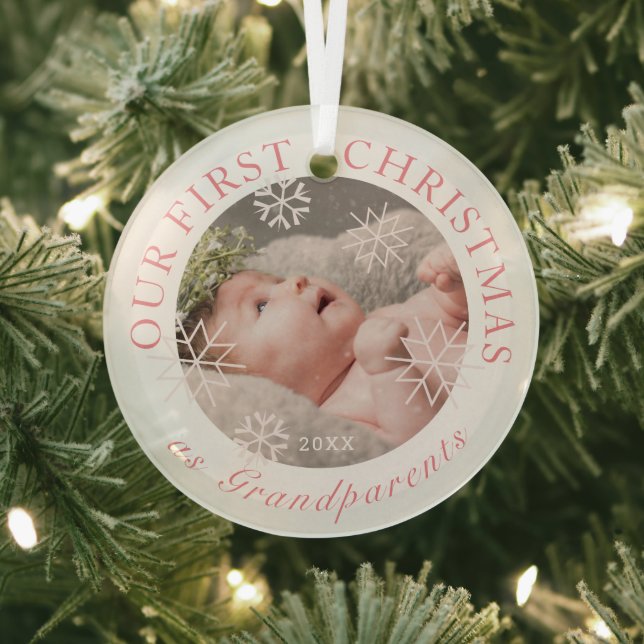 Our First Christmas as Grandparents Pink Photo Glass Ornament (Insitu)