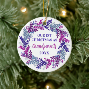 Our First Christmas as Grandparents Purple Wreath Ceramic Ornament
