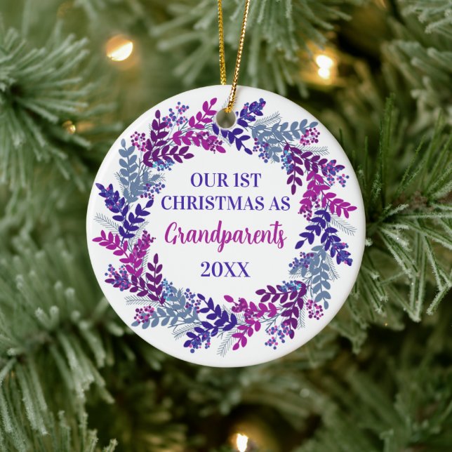 Our First Christmas as Grandparents Purple Wreath Ceramic Ornament (Tree)