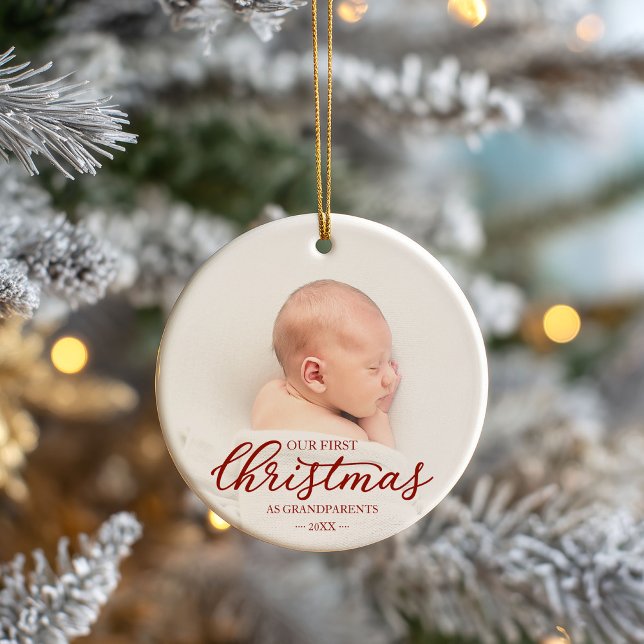 Our First Christmas As Grandparents Red Script Ceramic Ornament (Creator Uploaded)