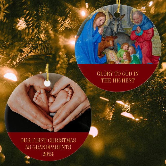 Our First Christmas As Grandparents Religious Art Ceramic Ornament (Our First Christmas As Grandparents Religious Christian Catholic Nativity Scene Art Ceramic Ornament)