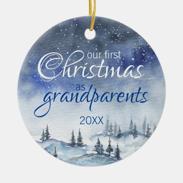 Our First Christmas as Grandparents Watercolor Ceramic Ornament (Front)