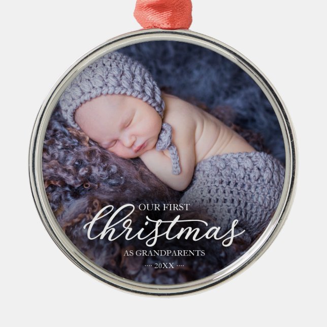Our First Christmas As Grandparents White Script Metal Ornament (Front)