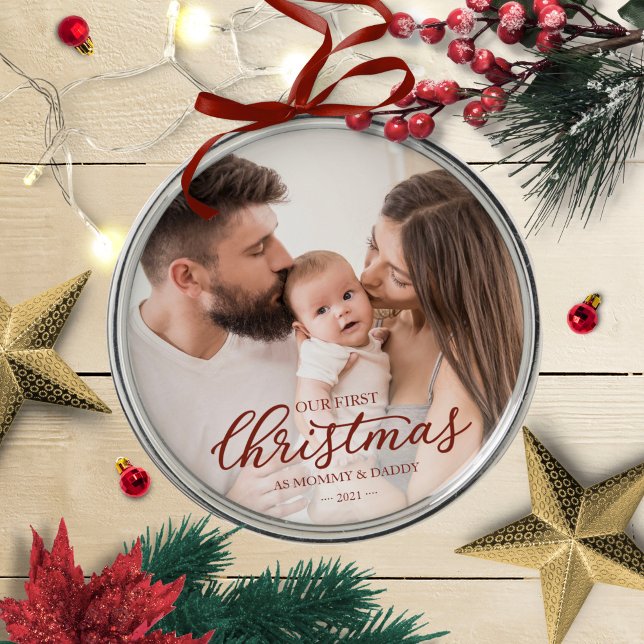 Our First Christmas as Mom and Dad Baby Photo Metal Ornament (Creator Uploaded)