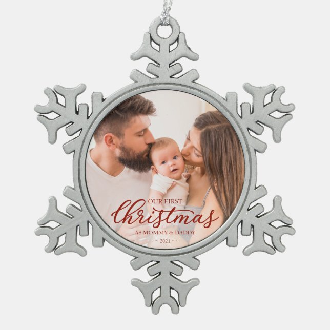 Our First Christmas as Mom and Dad Baby Photo Snowflake Pewter Christmas Ornament (Front)