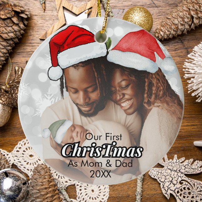 Our First Christmas as Mom and Dad Family Photo Ceramic Ornament (Creator Uploaded)