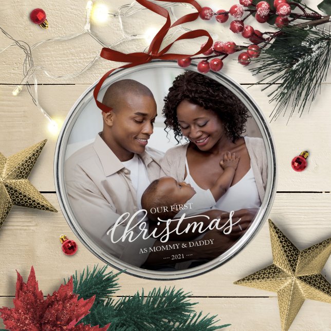 Our First Christmas as Mom and Dad Family Photo Metal Ornament (Creator Uploaded)