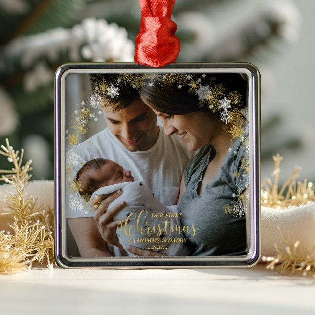 Our First Christmas as Mom and Dad Gilded Photo Metal Ornament (Creator Uploaded)