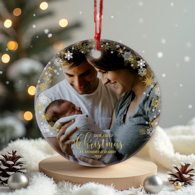 Our First Christmas as Mom and Dad Gilded Photo Ornament (Creator Uploaded)