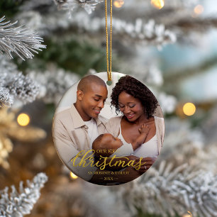 Our First Christmas as Mom and Dad Gold Foil Photo Ceramic Ornament