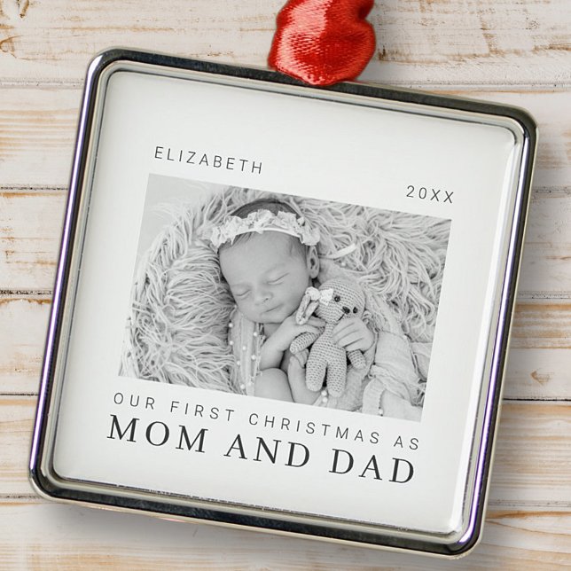 Our First Christmas as Mom and Dad Modern Chic Metal Ornament (Creator Uploaded)