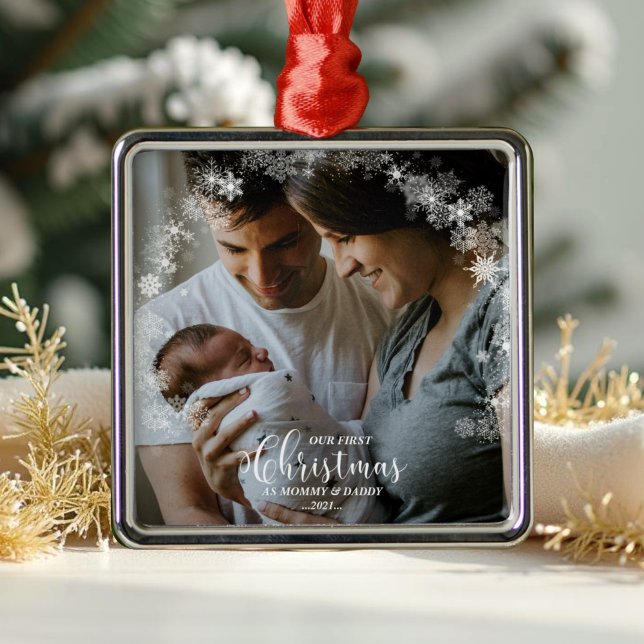 Our First Christmas as Mom and Dad Snowflake Photo Metal Ornament (Creator Uploaded)
