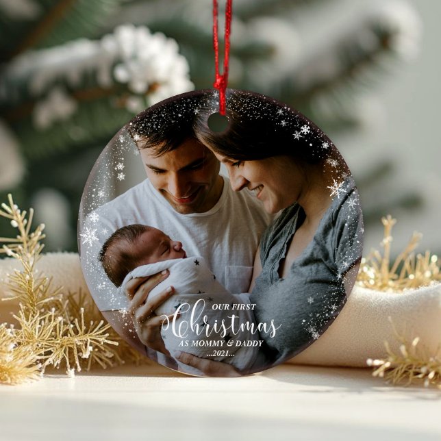 Our First Christmas as Mom and Dad Snowflake Photo Ornament (Creator Uploaded)