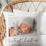 Our First Christmas as Mom & Dad Modern Minimalist Throw Pillow<br><div class="desc">Design is composed of modern chic typography with sans serif and serif font. Add a custom photo of baby and year.</div>