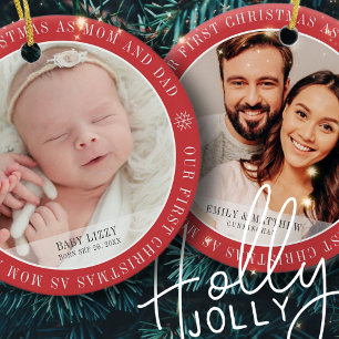 Our First Christmas As Mom & Dad Modern Two Photo Ceramic Ornament