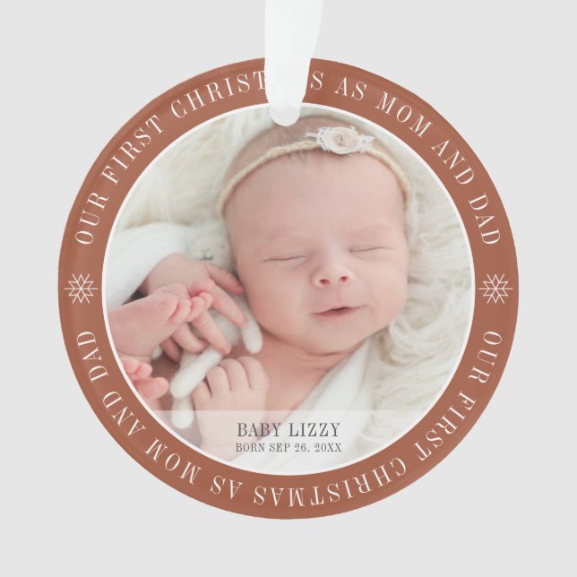 Our First Christmas As Mom & Dad Modern Two Photo Ornament (Front)