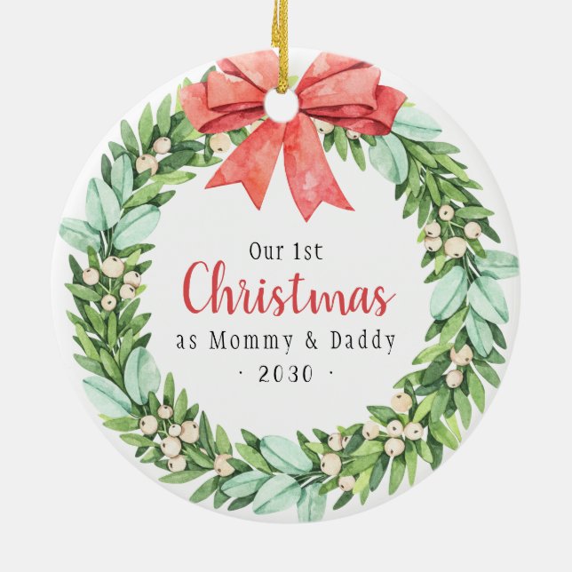 Our First Christmas As Mommy Daddy Photo Holiday Ceramic Ornament (Back)