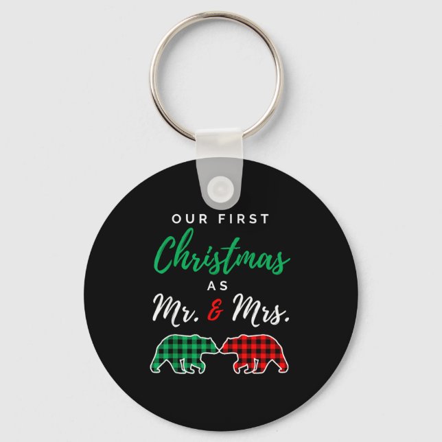 Our First Christmas As Mr. And Mrs. Buffalo Plaid  Keychain (Front)