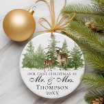 Our First Christmas As Mr And Mrs Custom Rustic Ornament<br><div class="desc">Celebrate a momentous occasion with our "Our First Christmas As Mr. and Mrs." Custom Rustic Ornament. This personalized Christmas ornament is the perfect gift for a newlywed couple, allowing them to cherish their first Christmas together as husband and wife. Adorned with a charming deer and forest and nature-themed design, this...</div>