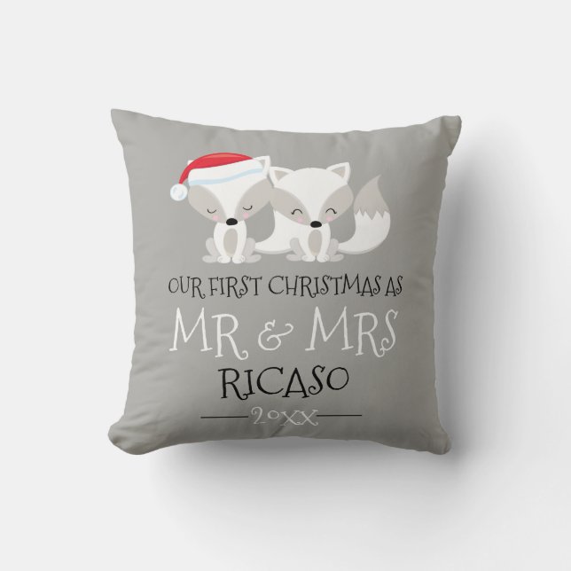 Our First Christmas As Mr and Mrs - Fox Themed Throw Pillow (Front)