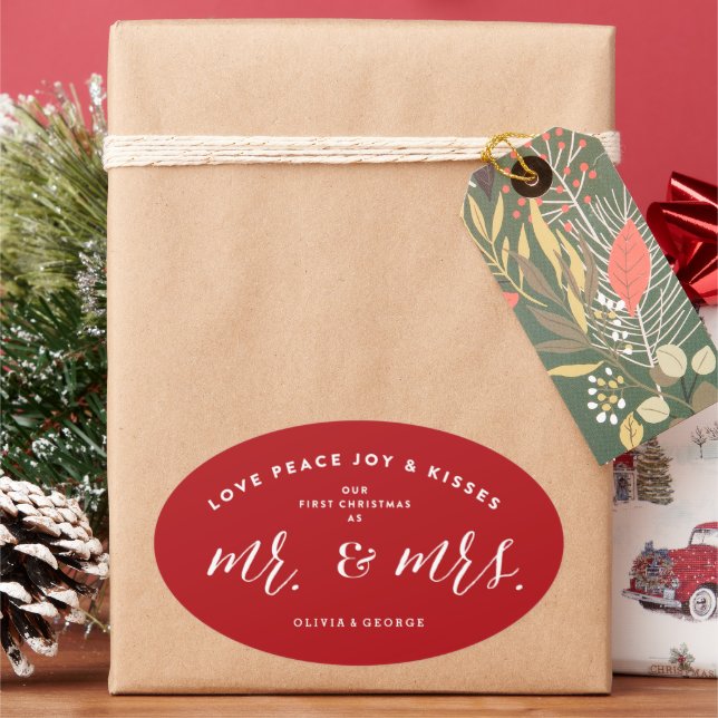 Our First Christmas As Mr And Mrs Holiday Wedding Oval Sticker (Holiday)