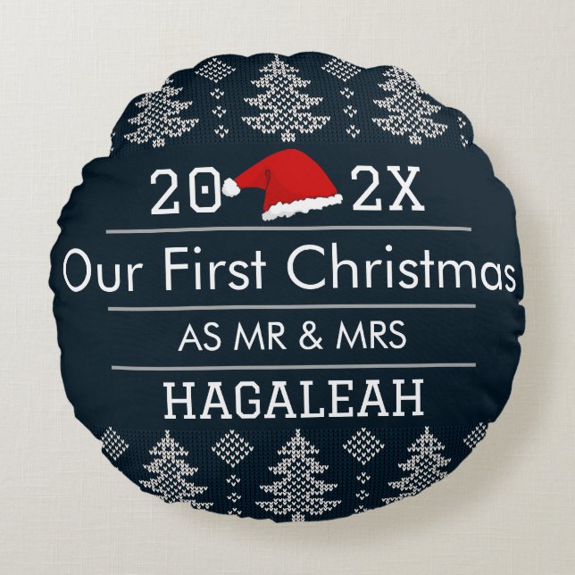 Our First Christmas as Mr. and Mrs. Newlywed Round Pillow (Front)