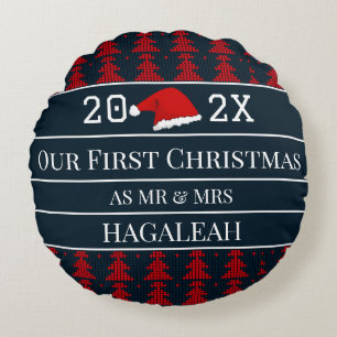 Our First Christmas as Mr. and Mrs. Newlywed Round Pillow