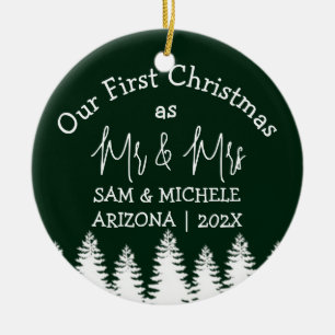 Our first Christmas as Mr. and Mrs. newlywed wood  Ceramic Ornament