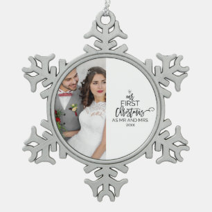 Our First Christmas as Mr and Mrs Photo Holiday Snowflake Pewter Christmas Ornament