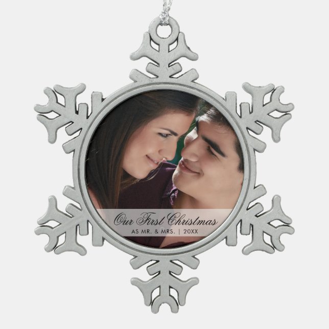 Our First Christmas as Mr. and Mrs. Photo Snowflake Pewter Christmas Ornament (Front)